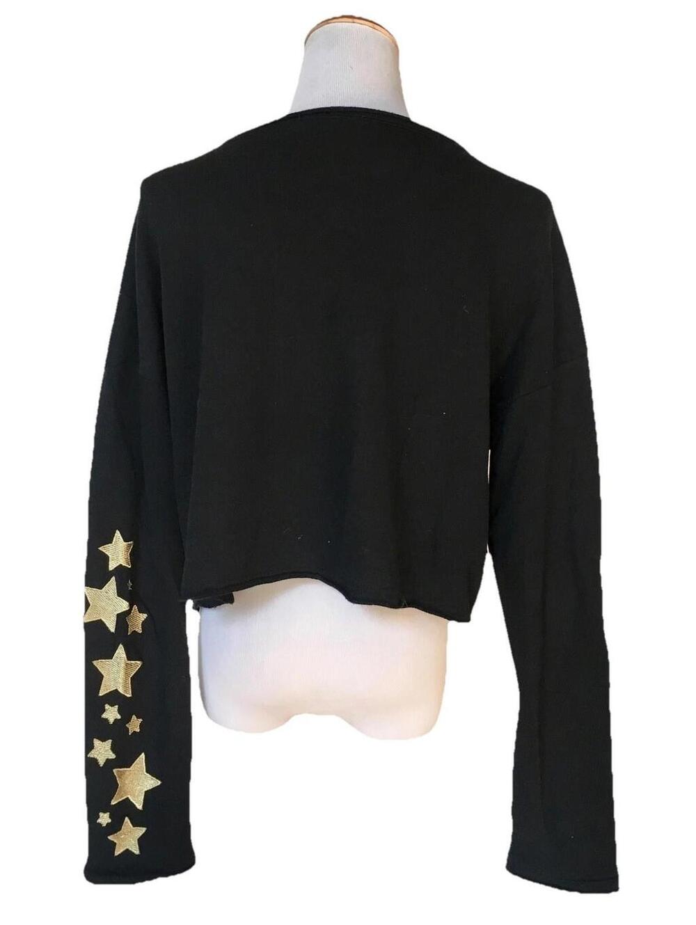 Honey Punch Black Cropped Top Crop Sweatshirt Gold Star Long Sleeve S